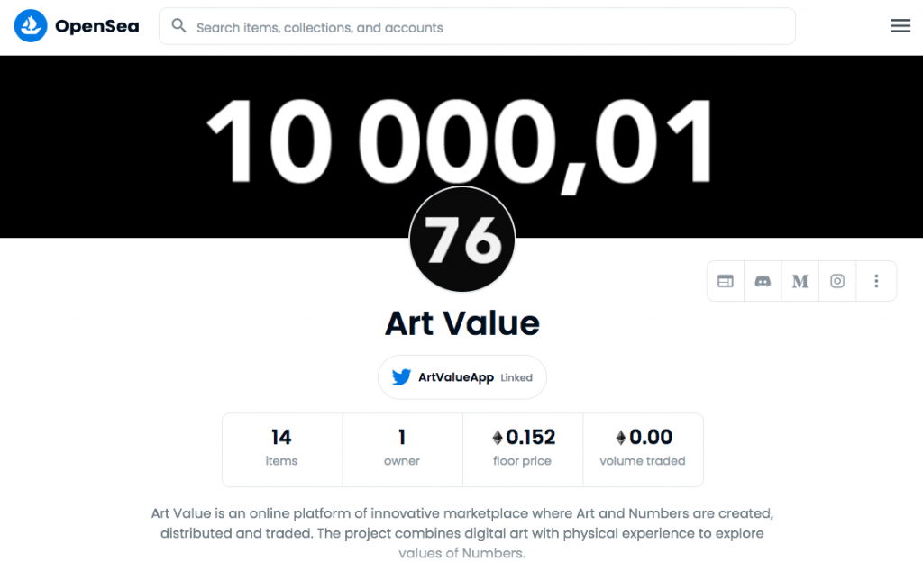Art Value NFT drop Numbers ART by Das Vegas Simbelis marketplace